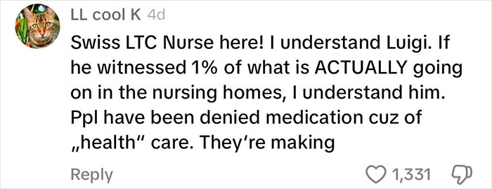 Comment discussing issues in Luigi Mangione's family nursing facilities, mentioning denial of medication in nursing homes.