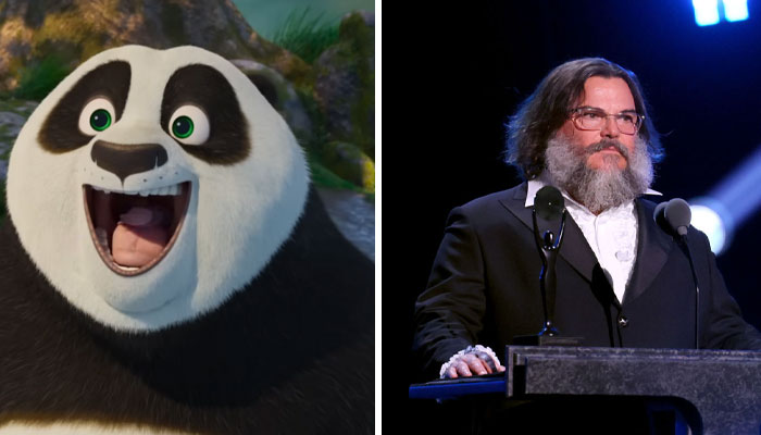 Po from Kung Fu Panda and a speaker at an event, highlighting the cast of Kung Fu Panda 4.