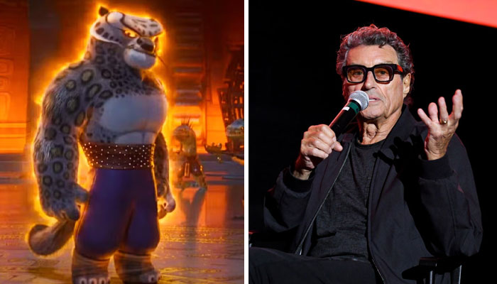 "Kung Fu Panda 4 character and actor speaking on stage, discussing the latest Po's adventure."