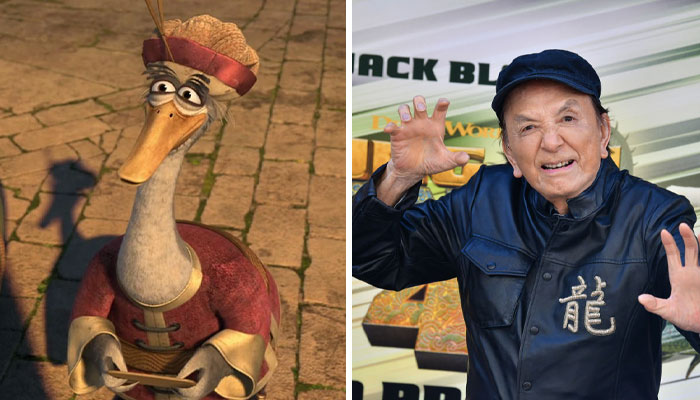 Kung Fu Panda 4 cast member in character attire at an event, next to animated goose character from the film series.