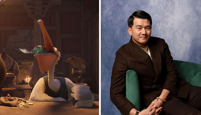 Actor from Kung Fu Panda 4 with animated pelican character in a cozy scene.