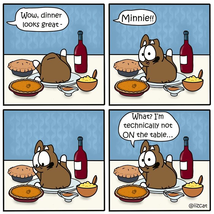 Cartoon cat humorously illustrates relatable cat moments with food on the table.