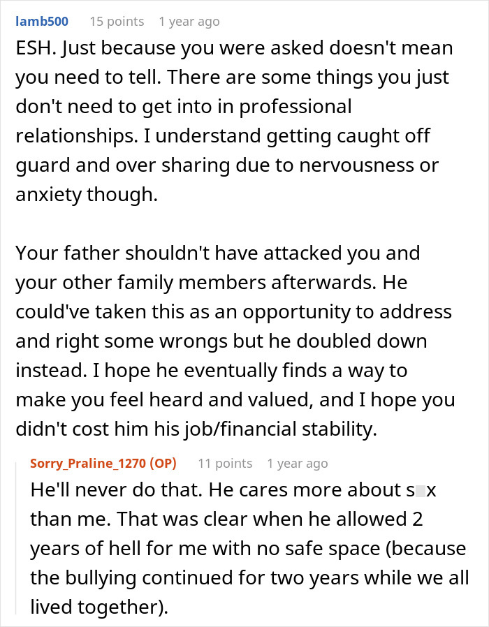 Reddit comment about a father's behavior toward his daughter, discussing professional relationships.