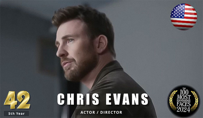 "Actor in profile with facial hair, wearing a dark jacket, and featured in the 2024 most handsome men list by critics.