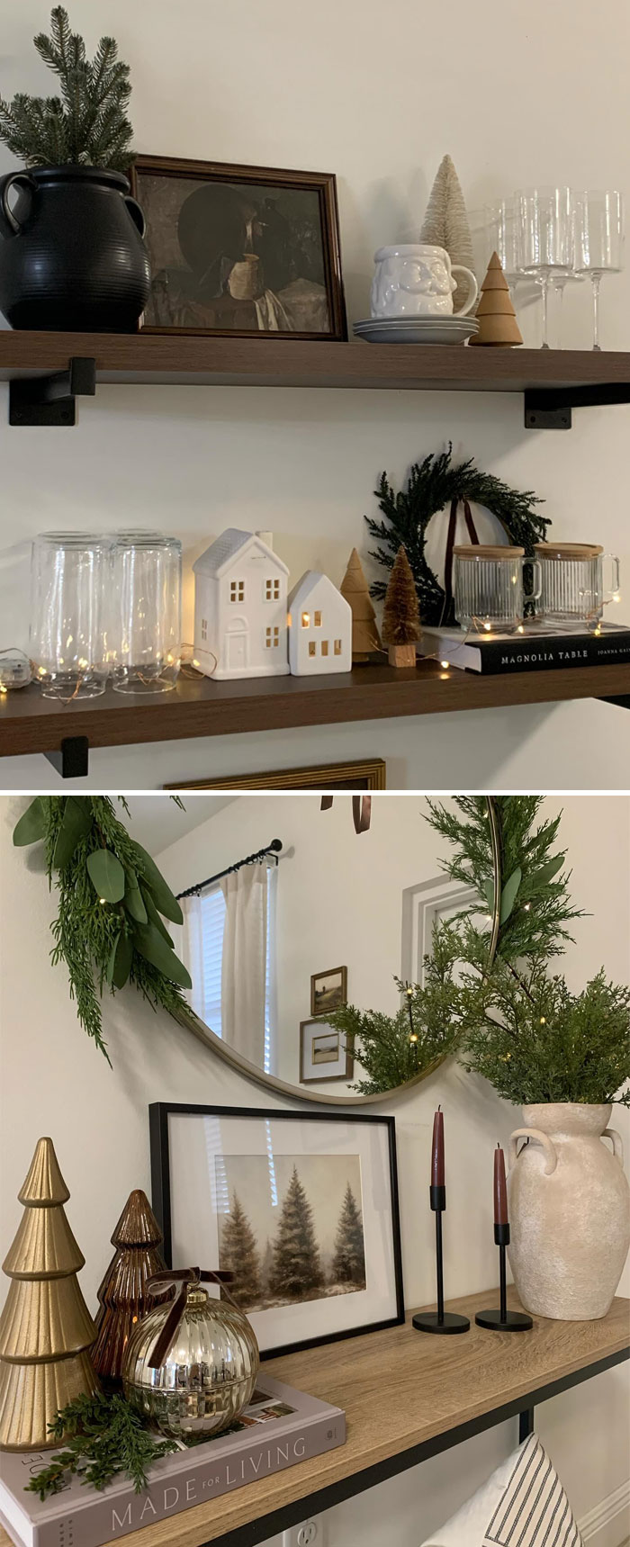 Shelf with festive Christmas decorating ideas featuring miniature houses, greenery, and metallic trees.