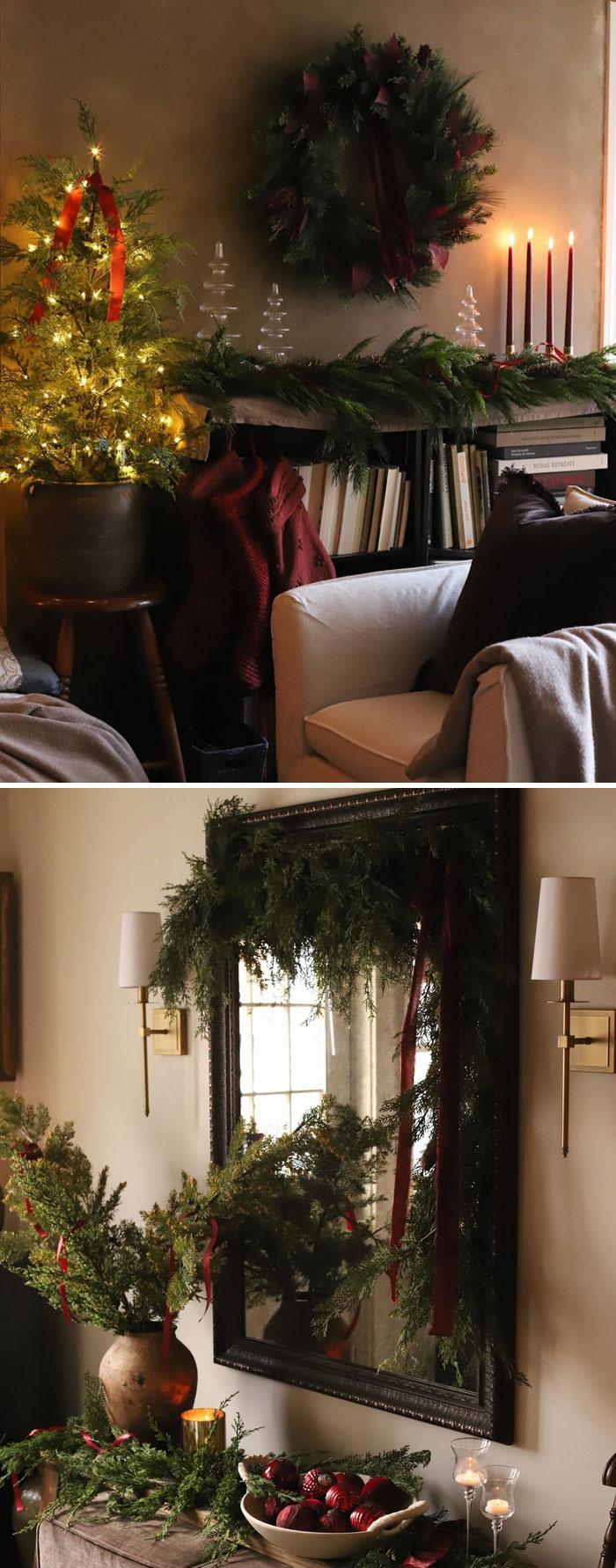 Cozy Christmas decorating ideas with candles, wreaths, and twinkling lights in a festive living room setting.