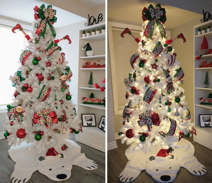 Festive Christmas tree decorated with polka-dot bows, elf legs, and ornaments, on a polar bear rug in a cozy room.