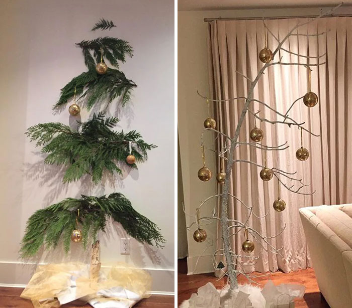 Unique Christmas tree ideas with minimalist designs and gold ornaments, showcasing creative holiday decor.