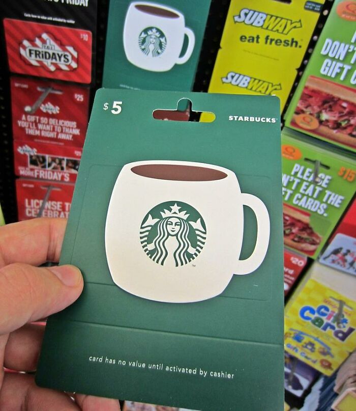 $5 Starbucks gift card as an insulting benefit among other brands on a store display.