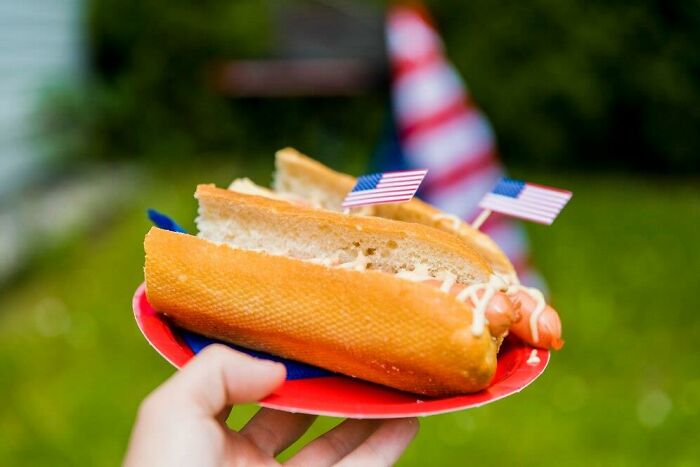 Hand holding a hot dog with small American flags, representing insulting benefits and bonuses.