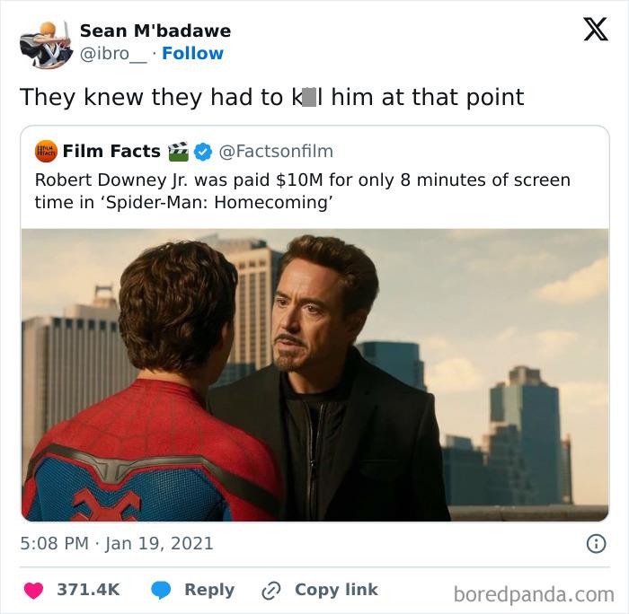 Funny post highlighting Robert Downey Jr. getting $10M for 8 minutes in Spider-Man scene with another character.