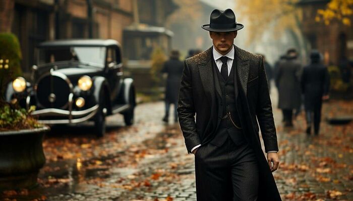 Man in vintage suit and hat walking on a cobblestone street, symbolizing romanticized ideas of a past era.