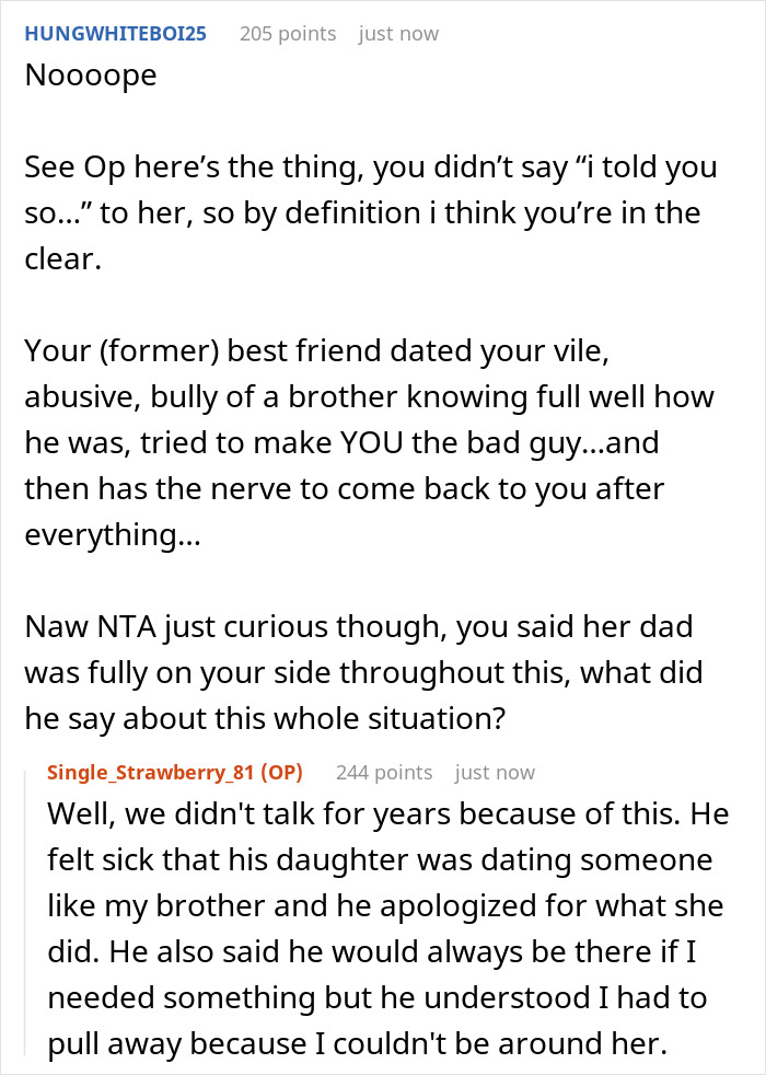 Comment discussing ex-friend and brother in challenging relationship.