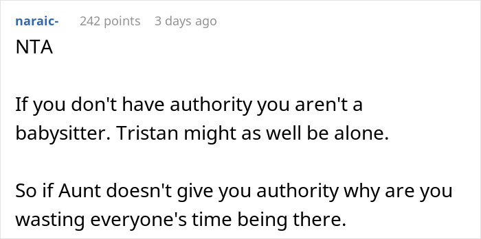 Reddit comment discussing authority in babysitting a challenging cousin.