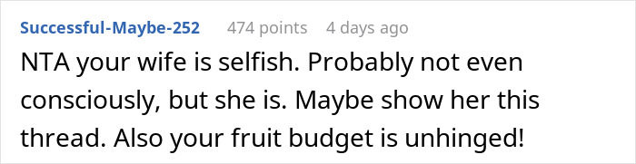 Reddit comment criticizing a fruit-obsessed wife's behavior over fruit sharing.