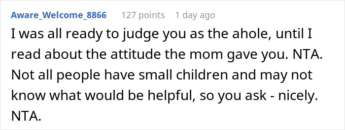 Reddit comment about a mom ignoring a child's tantrum on a plane, discussing appropriate behavior.
