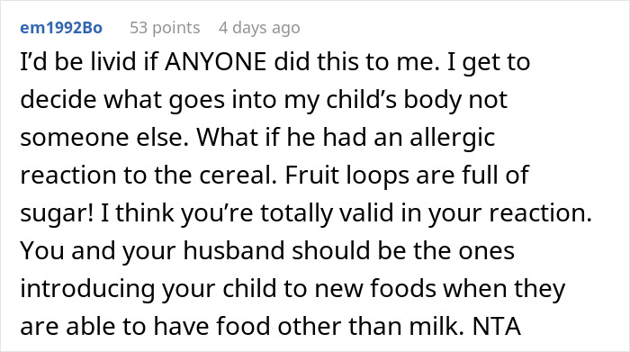 Comment discussing a woman's decision to control what her baby eats, emphasizing parental rights and introducing new foods. Comment discussing a woman's decision to control what her baby eats, emphasizing parental rights and introducing new foods.