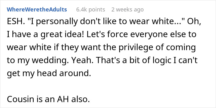 Text screenshot of a comment discussing a wedding outfit conflict between a woman and her cousin.