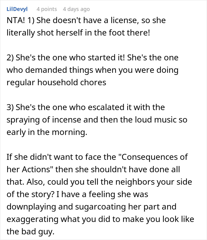 Forum comment defending a woman against her neighbor's unreasonable demands.