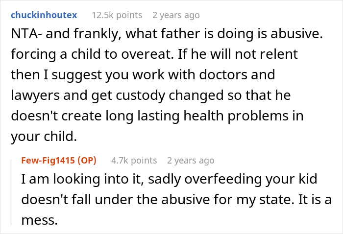 Reddit comments discussing ex-husband's overfeeding child, with advice on custody for health issues. Reddit comments discussing ex-husband's overfeeding child, with advice on custody for health issues.