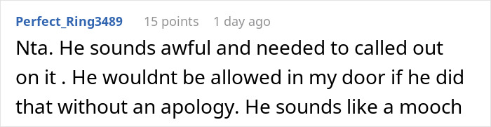 Comment discussing refusal of a sibling's boyfriend at Christmas dinner, criticizing his behavior.