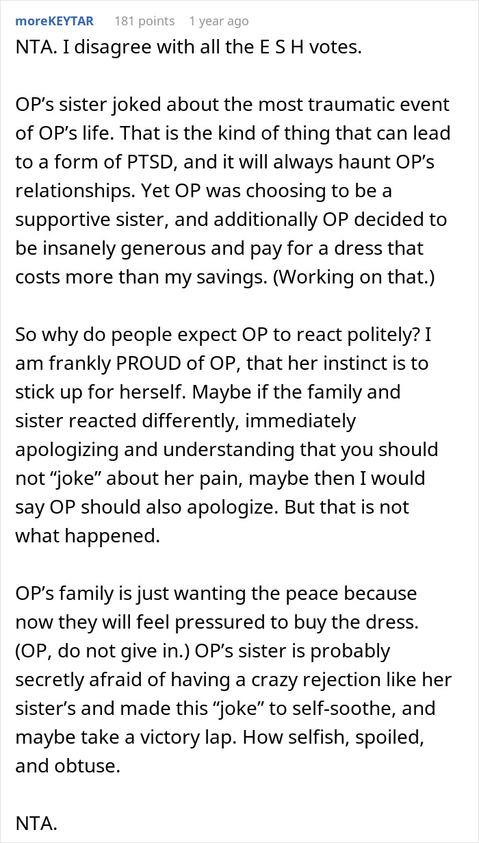 Reddit post discussing controversy over a wedding dress purchase involving a joke about pregnant mistresses. Reddit post discussing controversy over a wedding dress purchase involving a joke about pregnant mistresses.