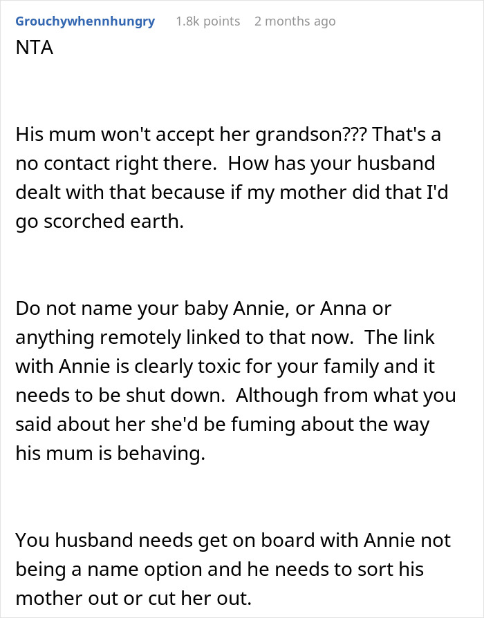 Text discussing MIL's poor treatment of woman over son's past school crush and baby's name.