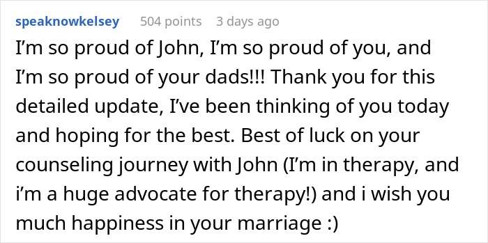 Comment supporting John and his marriage, mentioning therapy advocacy and wishing happiness.