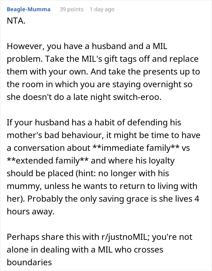 Reddit comment discussing a MIL putting her own tags on gifts she didn&rsquo;t purchase, suggesting switching tags back.