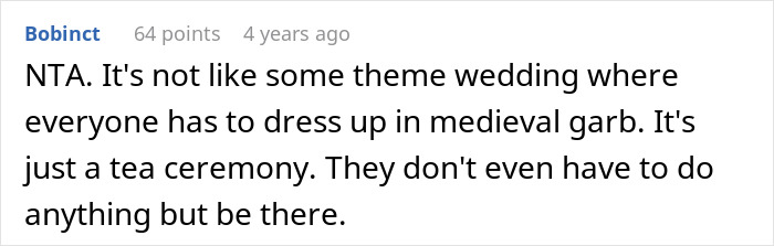 Reddit comment discussing a bride's decision to exclude parents from a wedding due to fiancé's traditions. Reddit comment discussing a bride's decision to exclude parents from a wedding due to fiancé's traditions.
