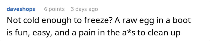 Comment about a camping prank involving a raw egg in a boot as revenge.