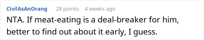 Reddit comment discussing the topic of a woman ordering a meat burger on a date with a vegan.