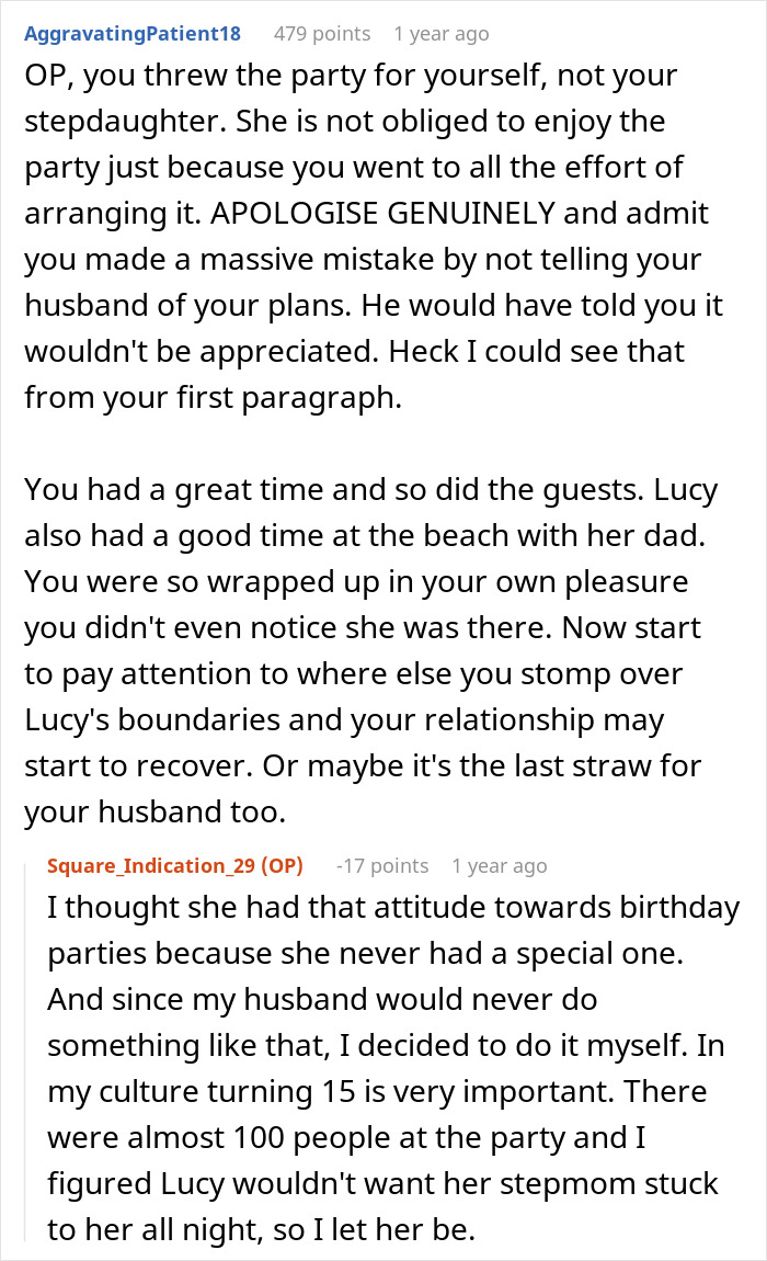 Text box with comments discussing upset woman and her stepdaughter running away from a $10K party.