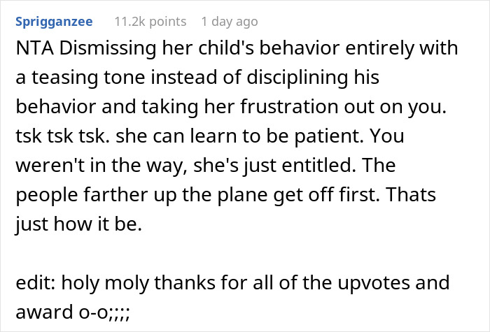 Online comment critiquing a mom ignoring child's plane tantrum, praising user's response.