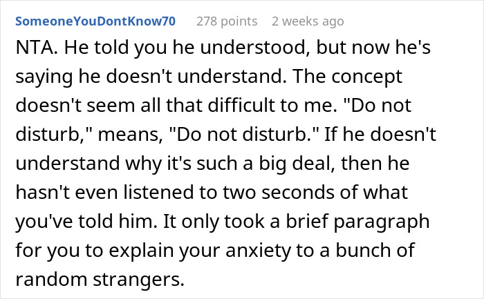 Reddit comment discussing the frustration of a woman being interrupted during a critical job test.