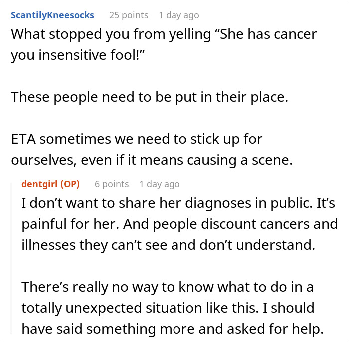 Discussion about confronting a disrespectful boomer who accused a woman in a wheelchair of faking illness.
