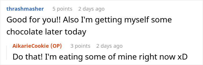 Reddit comments discussing buying and eating chocolate candy.