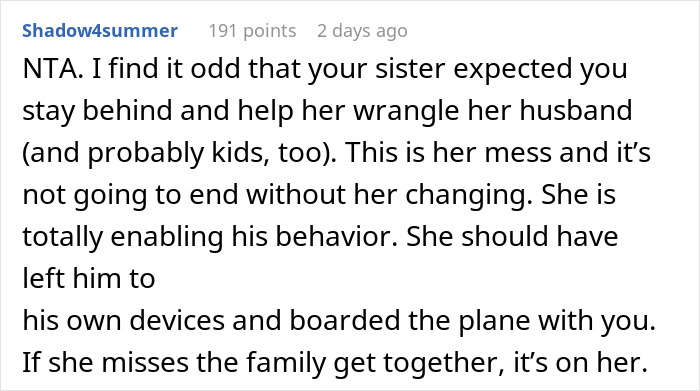 Text comments about a woman dealing with an alcoholic sibling-in-law's behavior.