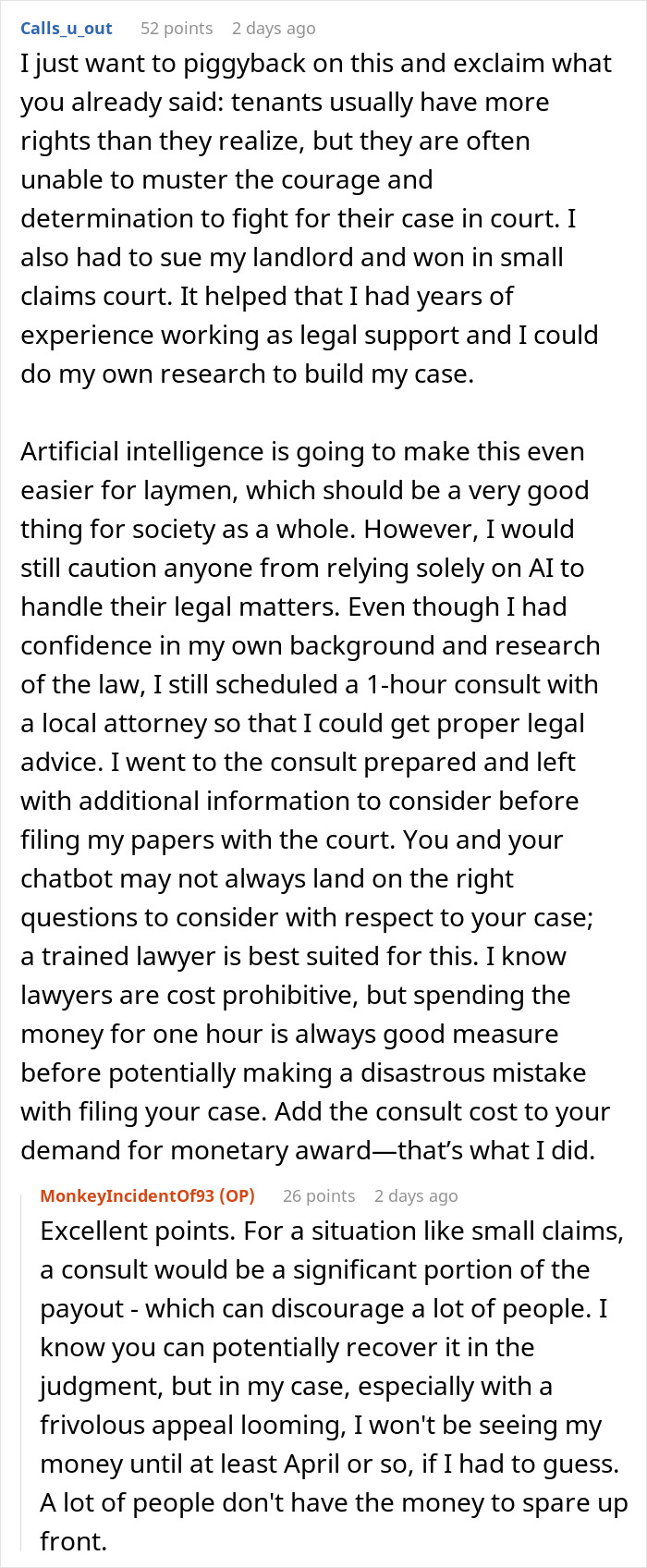 Reddit comments about using AI to assist tenants in court against landlords.