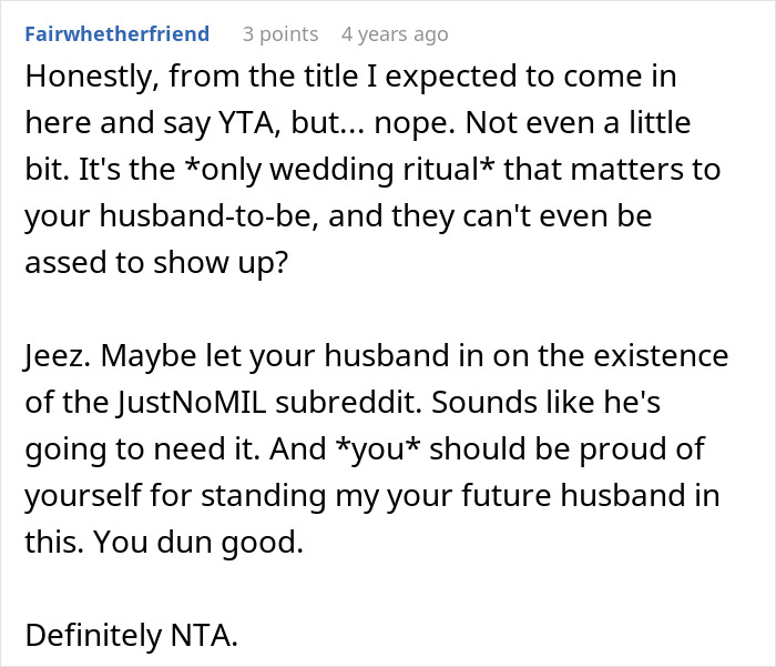 Reddit comment about a bride banning parents from her wedding due to mocking fiancé's tradition. Reddit comment about a bride banning parents from her wedding due to mocking fiancé's tradition.