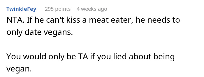 Comment discussing dating dynamics between a meat-eater and a vegan.
