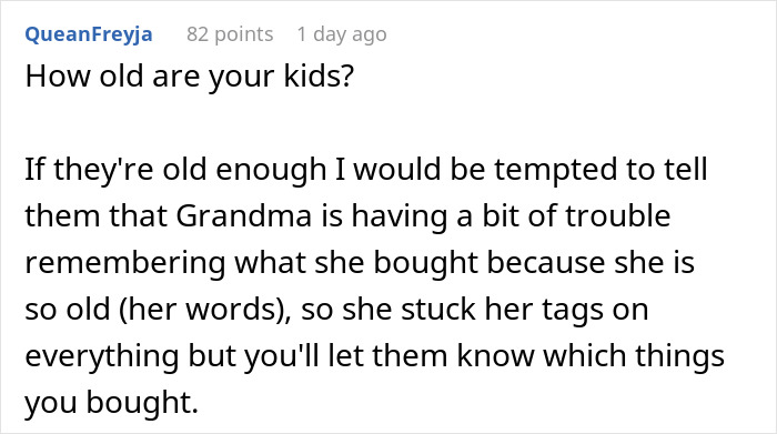 Text screenshot discussing catching MIL putting tags on unpurchased gifts.