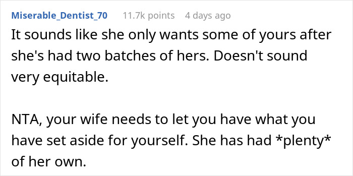 Text exchange about a fruit-obsessed wife wanting her husband's share after eating hers in two days.