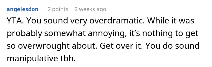 Comment criticizing new mom for being overdramatic and manipulative. Comment criticizing new mom for being overdramatic and manipulative.