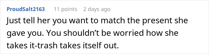 Online comment about expectations for a friend's birthday gift exchange. Online comment about expectations for a friend's birthday gift exchange.