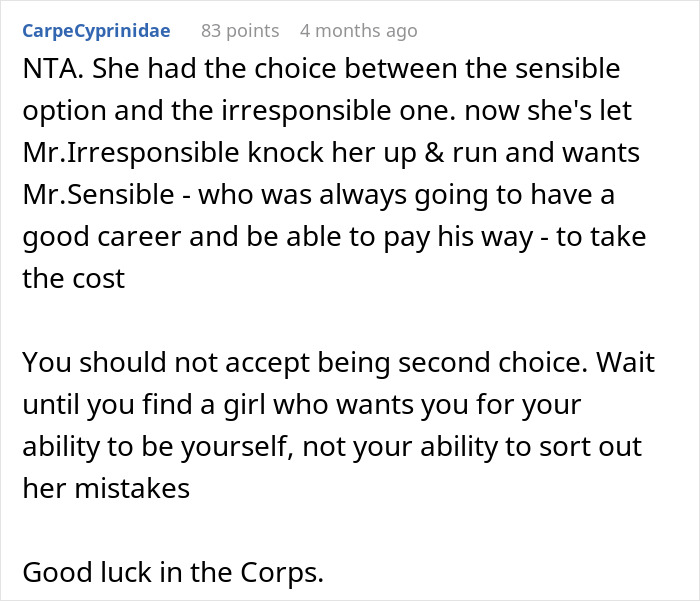 Reddit comment offering advice on relationships and personal decisions.