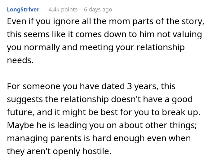 Text post discussing relationship issues and resentment due to gift-giving between partner and mother.