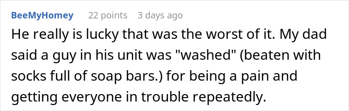 Comment about camp pranks and consequences involving "washed" punishment with soap bars in socks.