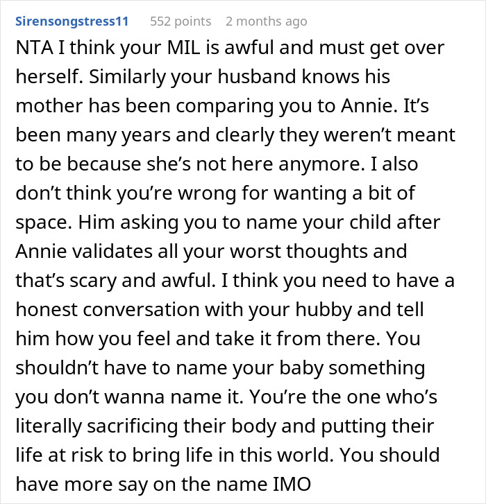 Text from a user discussing MIL's treatment and marriage drama involving a late school crush.