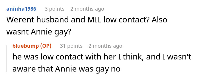 Text exchange discussing low contact between husband and MIL, with questions about Annie's orientation.